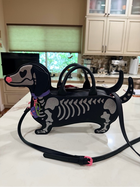 Betsey Johnson Handbags - Betsey Johnson Black Dachshund Skeleton Crossbody Bag with Pink & Purple Accents